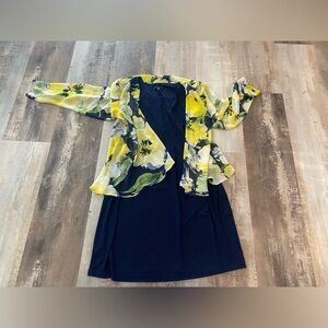 Tiana B Long Sheer Sleeve Yellow Floral Print Top Midi Dress Navy Blue sz 14 W